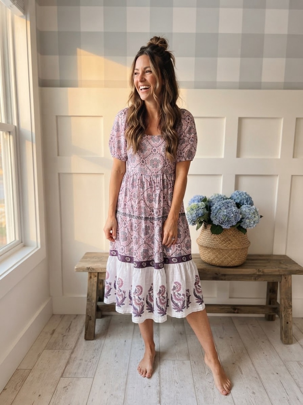 Boho Tiered Midi Dress in Lavender Pink Small
